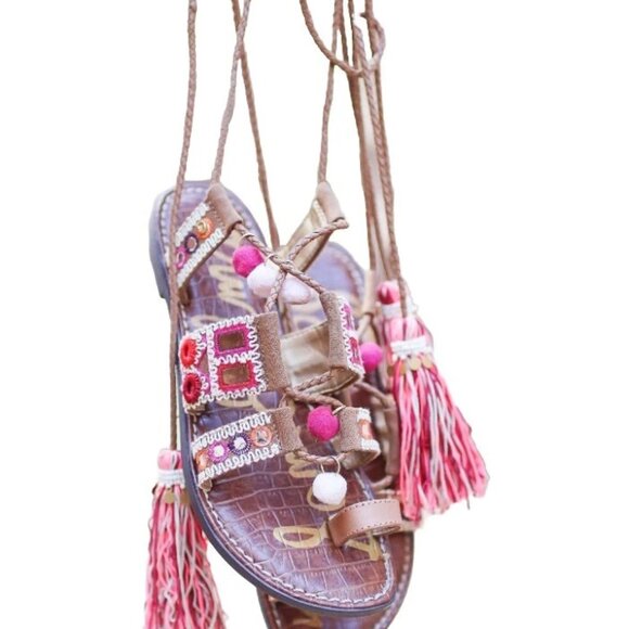 Sam Edelman Gretchen Boho Sandals 7M Embroidered Beaded Pom Pom Tassel Lace Up - Picture 6 of 16